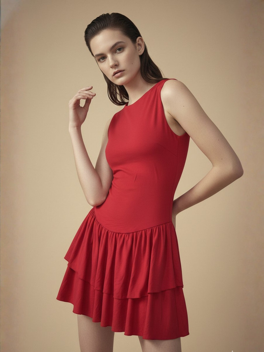 Red Drop Waistline Ruffled Hem Dress
