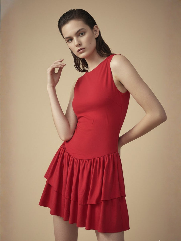 Red Drop Waistline Ruffled Hem Dress