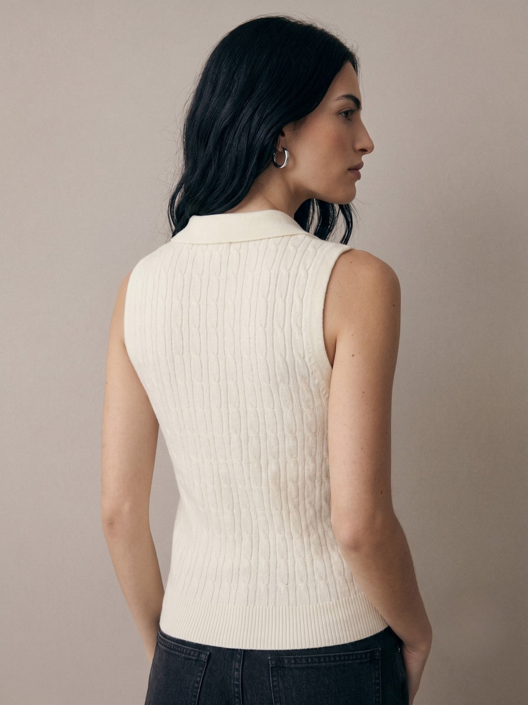 Off White Cable Textured Polo Top With Bow Embroidery