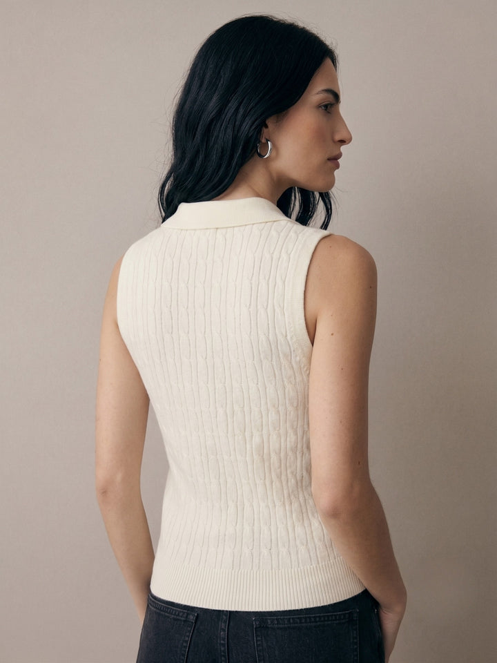 Off White Cable Textured Polo Top With Bow Embroidery
