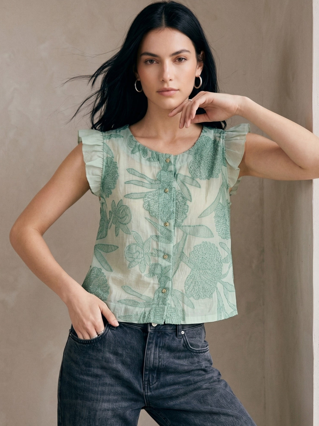 Green Textured Button Down Blouse