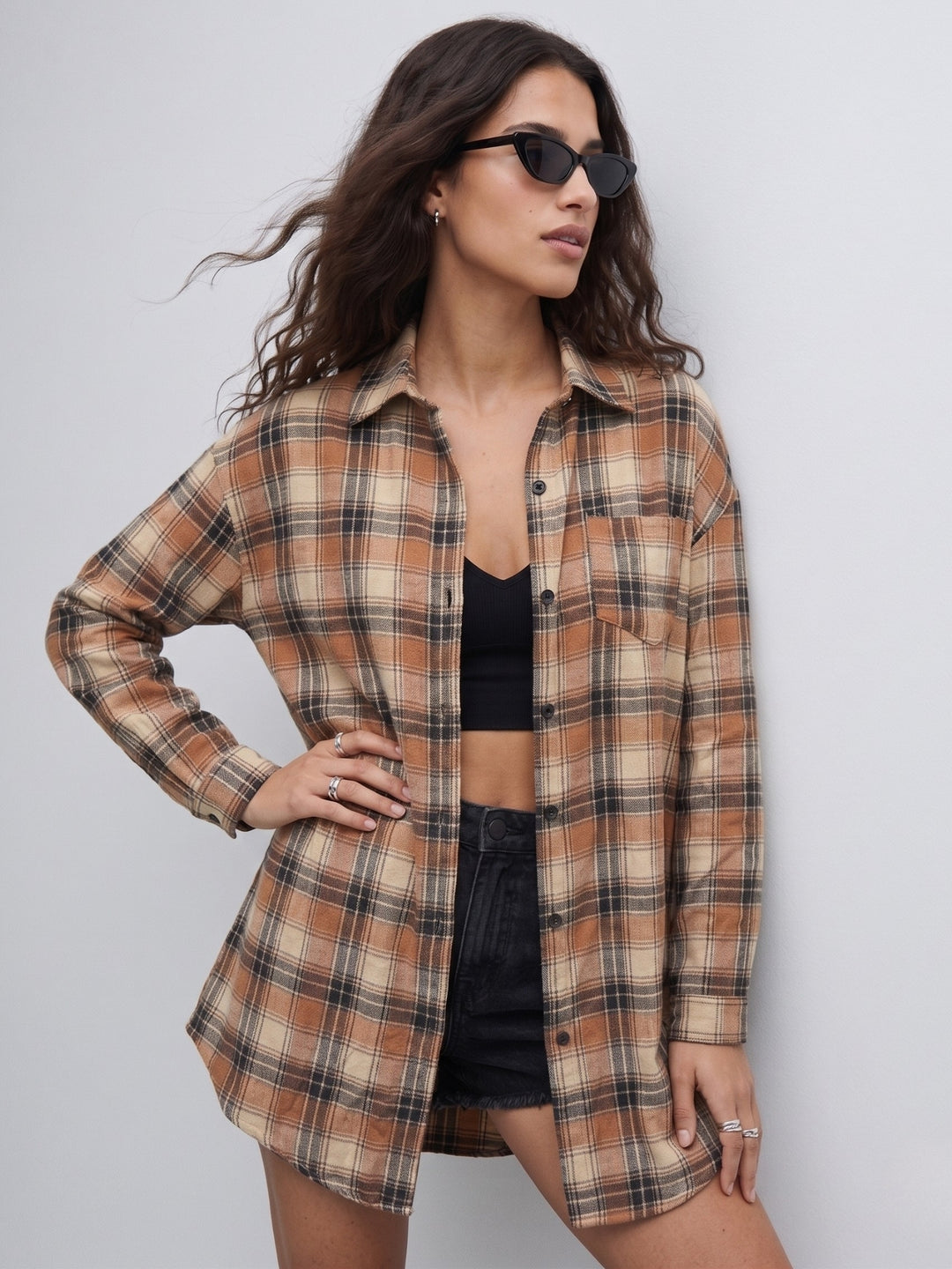 Brown Longline Checkered Shirt