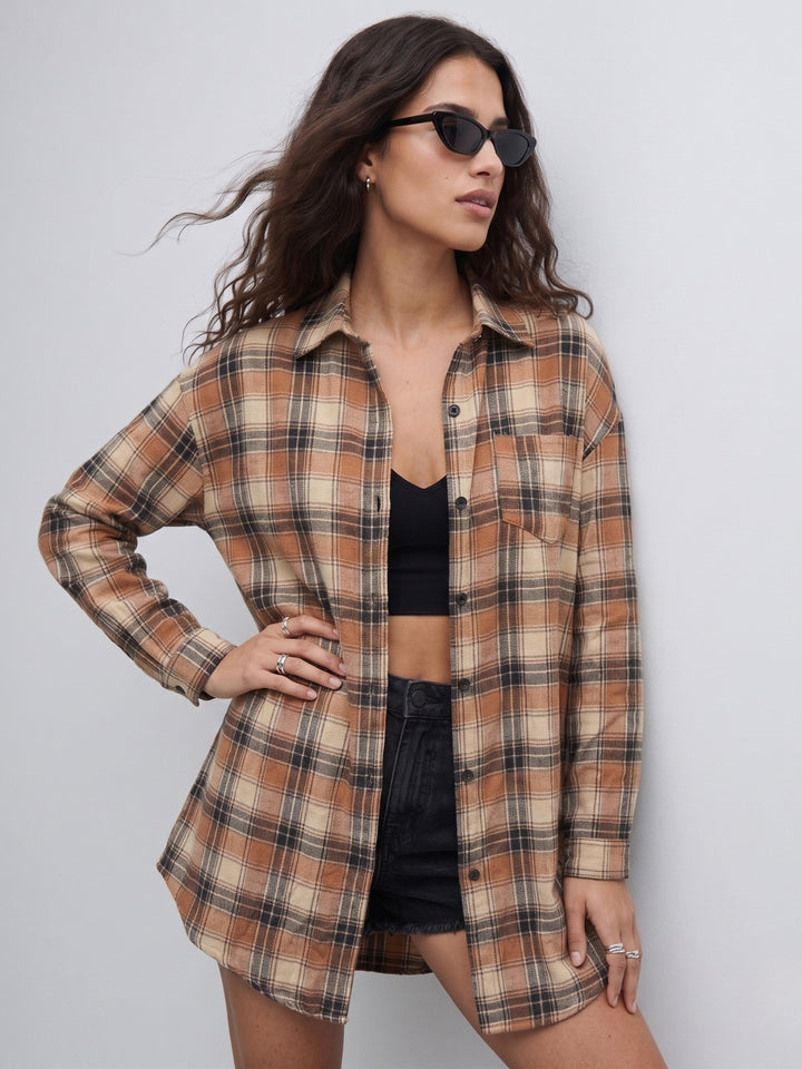 Brown Longline Checkered Shirt