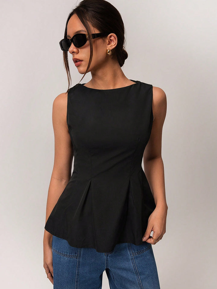 Black Sleeveless Inverted Pleat Peplum Top