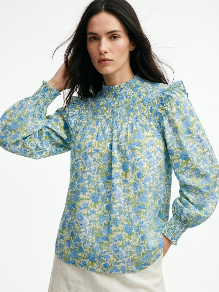 Blue Mock Neck Floral Printed Top