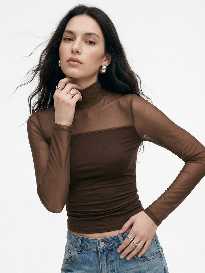 Brown Full Sleeve Mesh Top