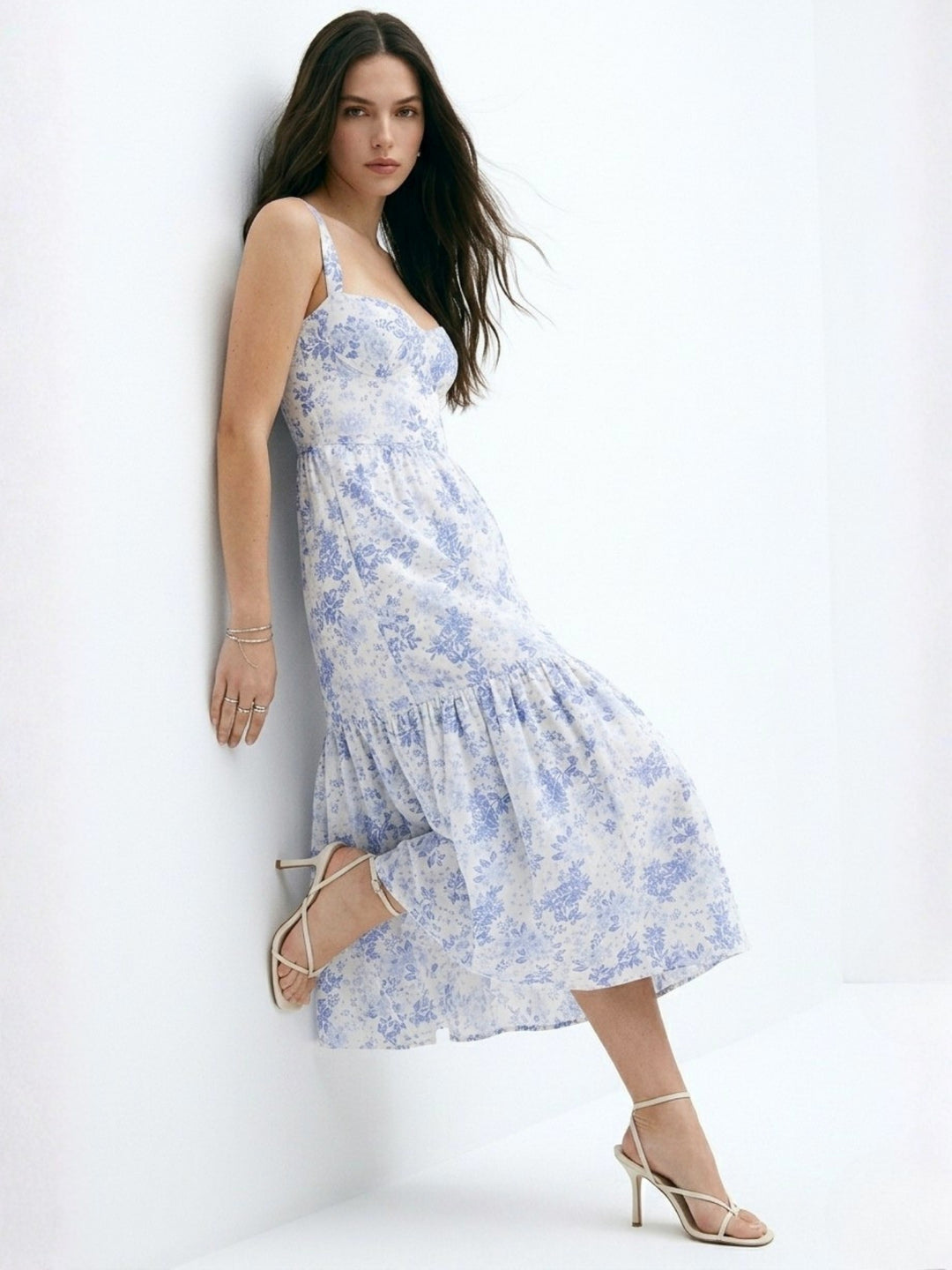 Blue Floral Printed Tiered A-Line Dress