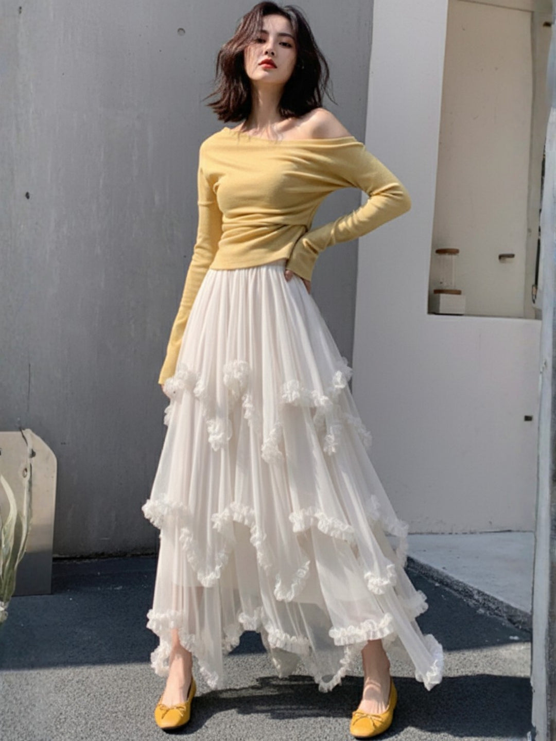 White Asymmetric Ruffled Skirt