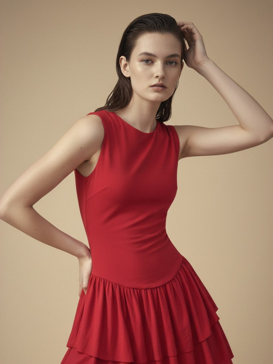 Red Drop Waistline Ruffled Hem Dress