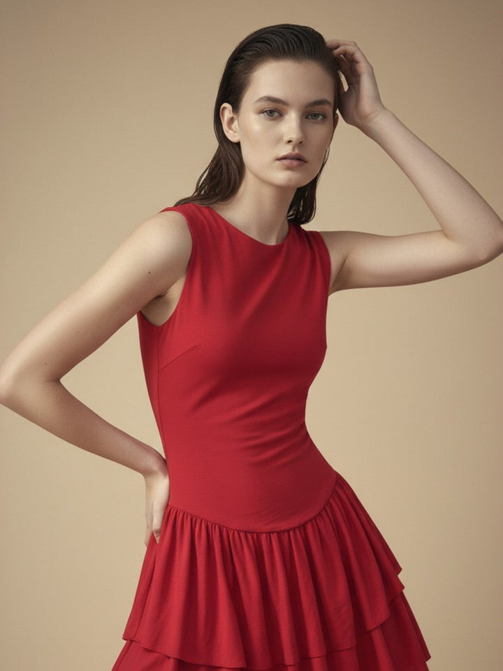 Red Drop Waistline Ruffled Hem Dress