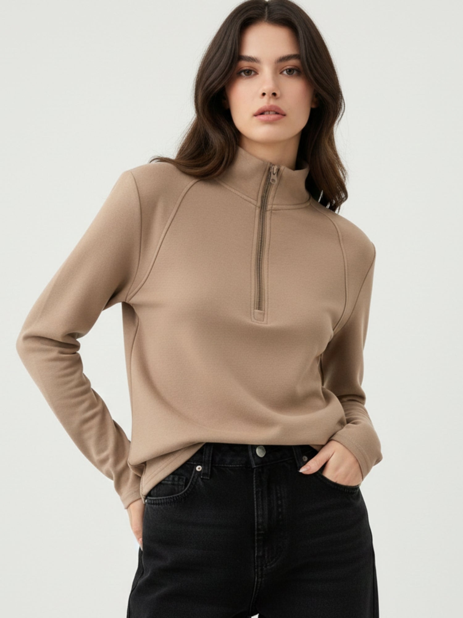 Beige Full Sleeves Half Zip Sweatshirt