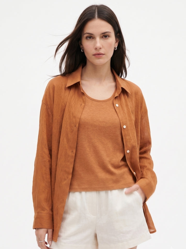 Orange Full Sleeve 2Piece Semi Sheer Shirt With Top