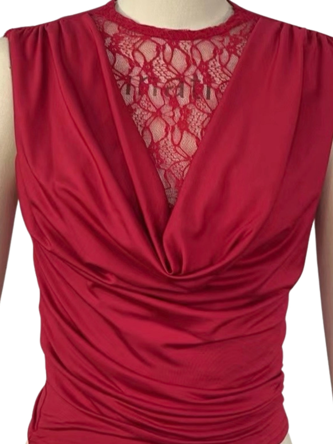 Red Cowl Neck Top With Lace Inserts