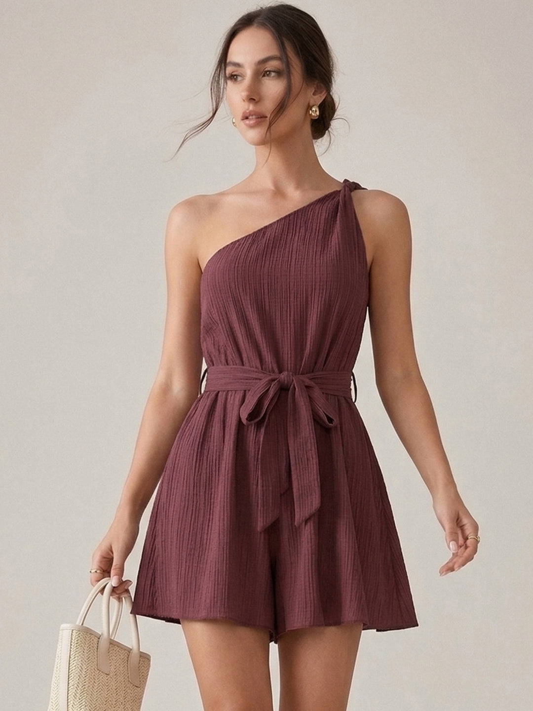 Wine One Shoulder Waist Tie-Up Playsuits