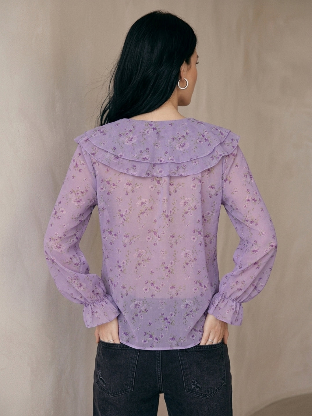 Purple Printed Ruffled Neck Blouse