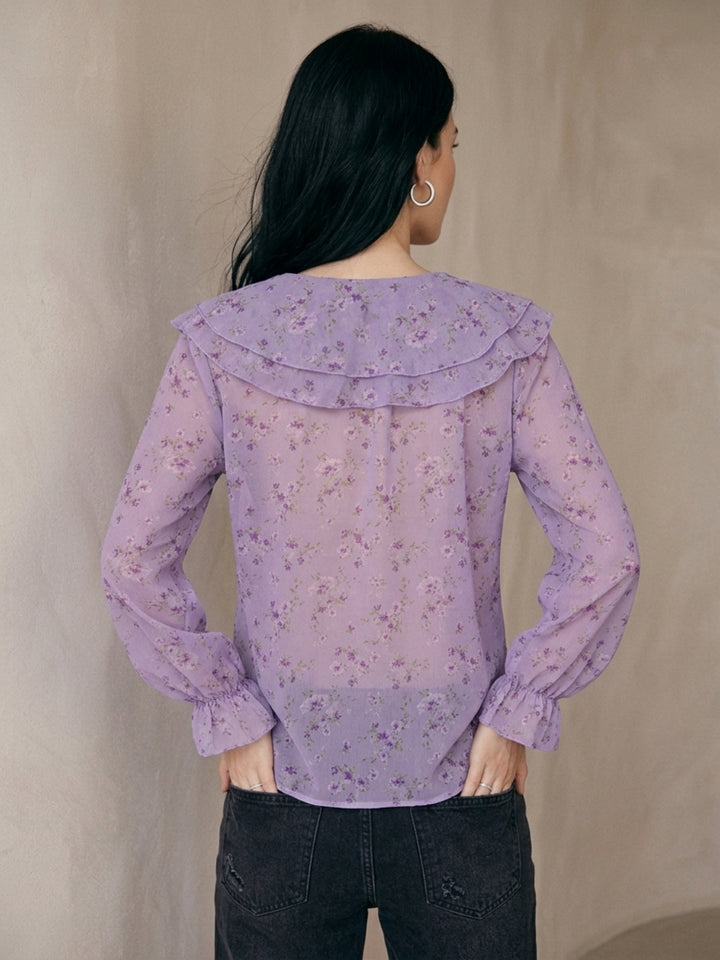 Purple Printed Ruffled Neck Blouse