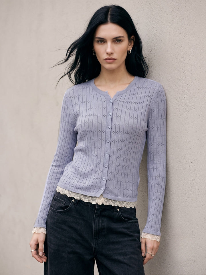 Blue Button Down Top With Lace Inserts At Hem And Sleeves