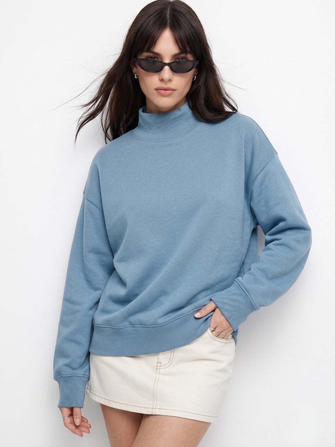 Blue High Neck Relaxed Fit Solid Sweatshirt