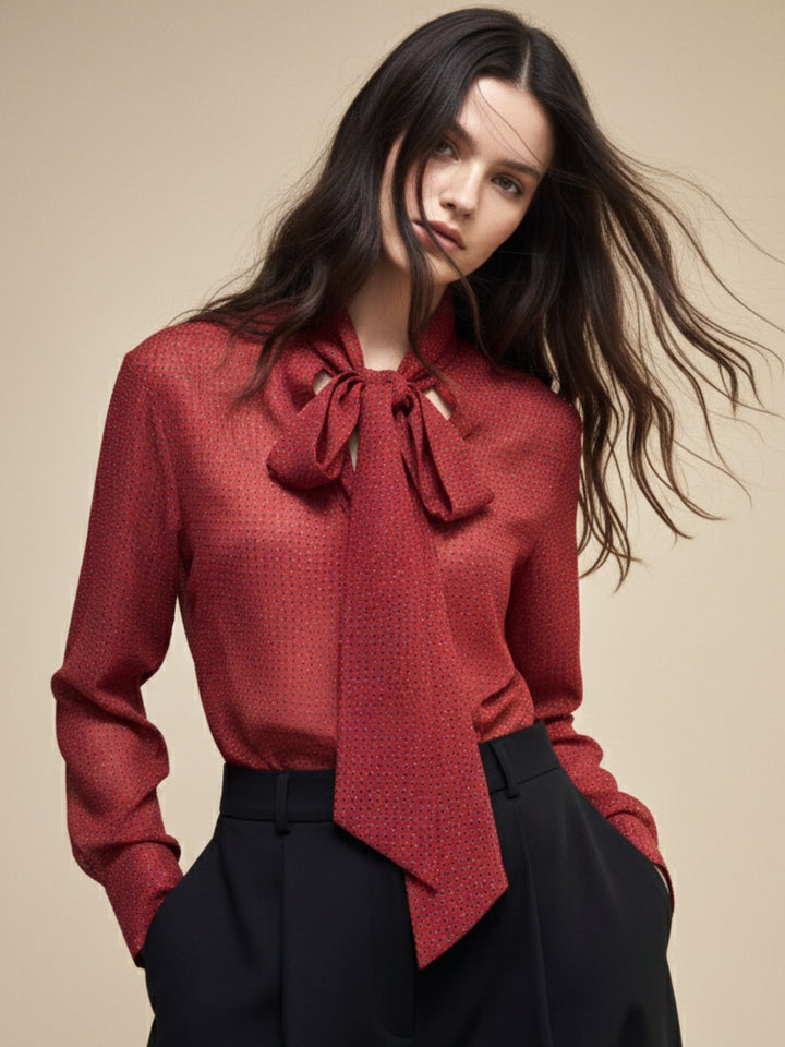 Red Exaggerated Collared Polka Dotted Shirt