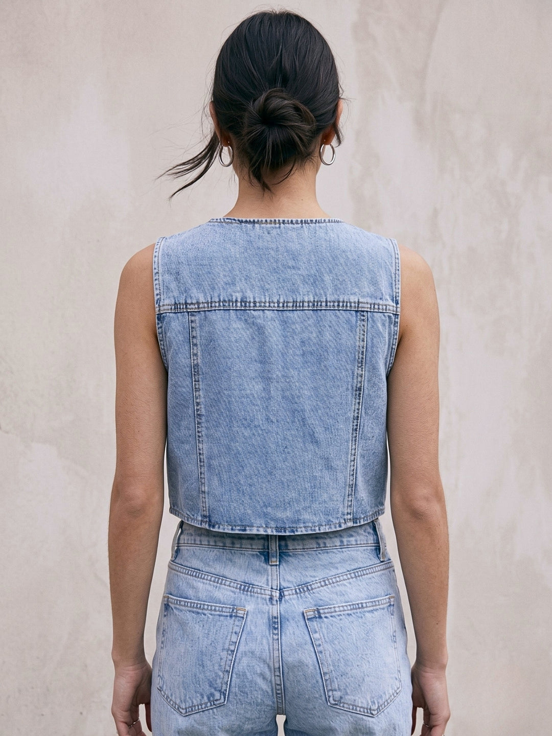 Blue Plunge Neck Front Tie Up Denim Vest Top