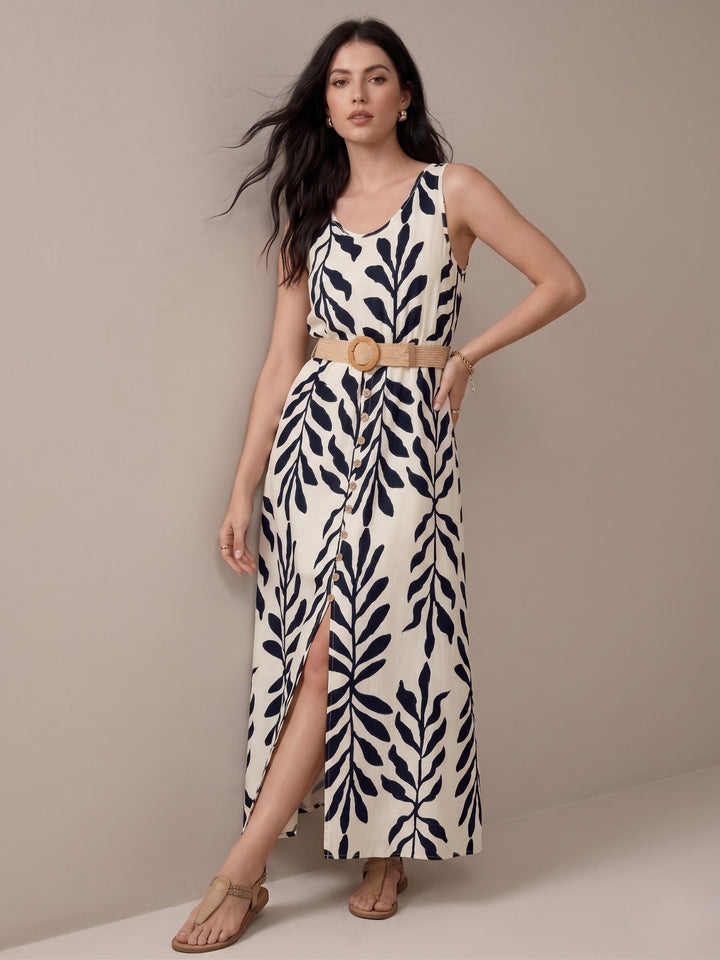 White Sleeveless Slit Printed Dress