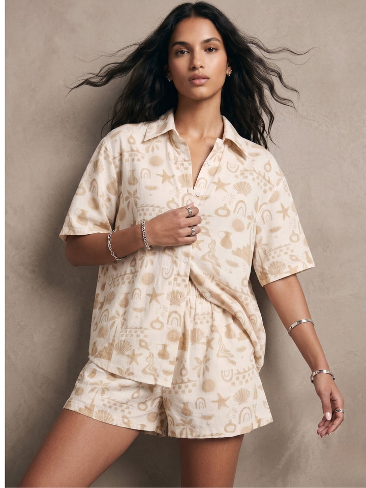 Beige Relaxed Printed Shirt And Shorts Co-Ord Set