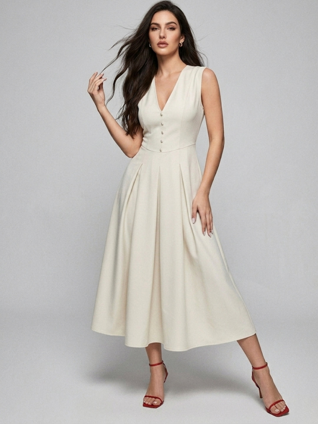 Off White Sleeveless V-Neck Dress