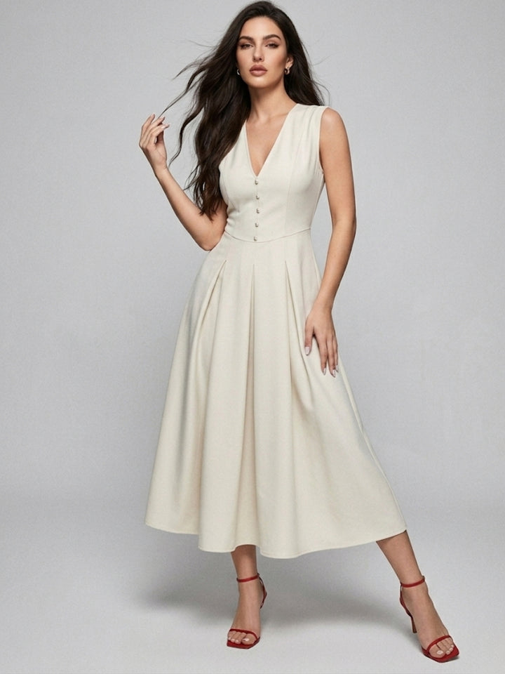 Off White Sleeveless V-Neck Dress