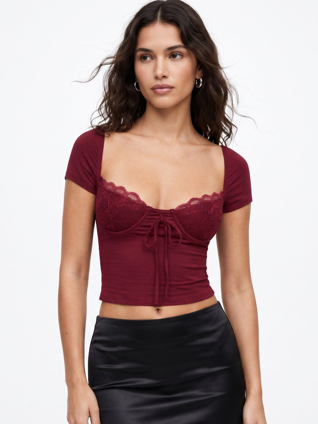Wine Slim Fitted Top With Lace