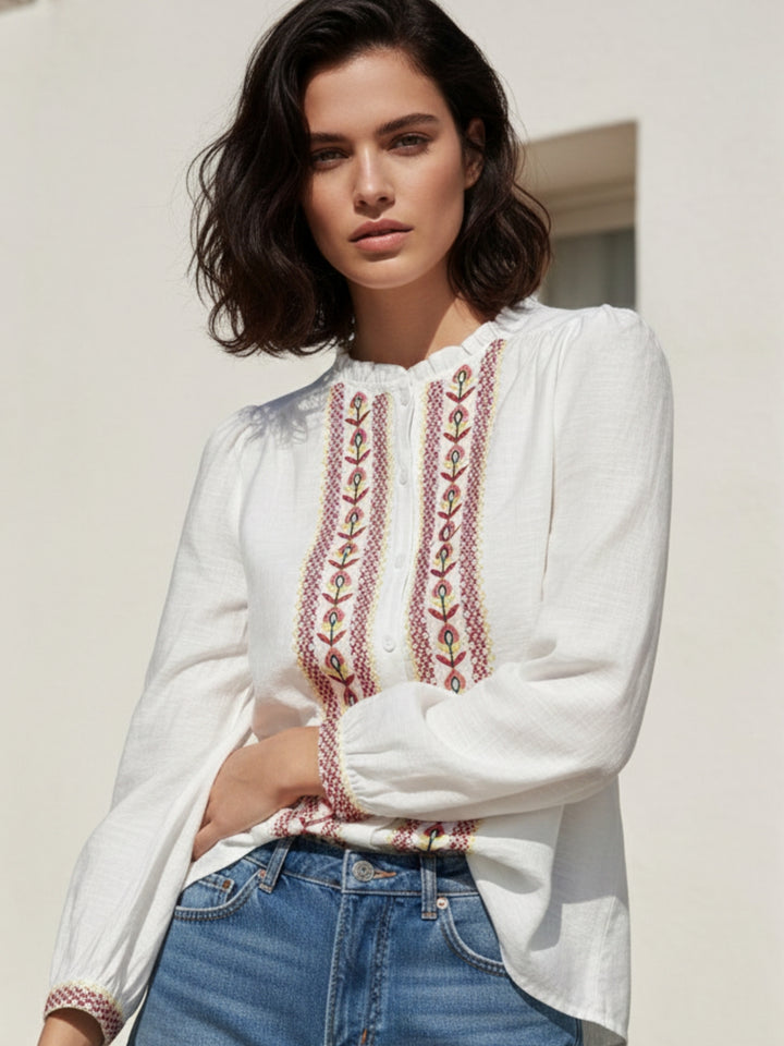 White Full Sleeve Front Buttoned Embroidered Top