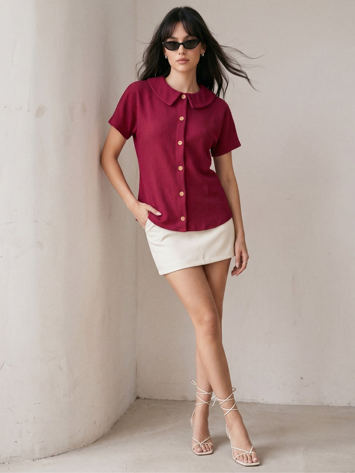 Magenta Waffles Textured Polo Button Down Top