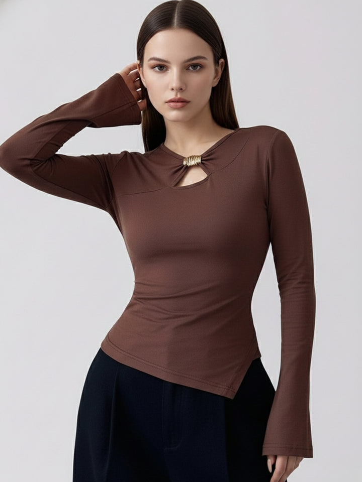Brown High Neck Metal Detail Top With Bell Sleeves
