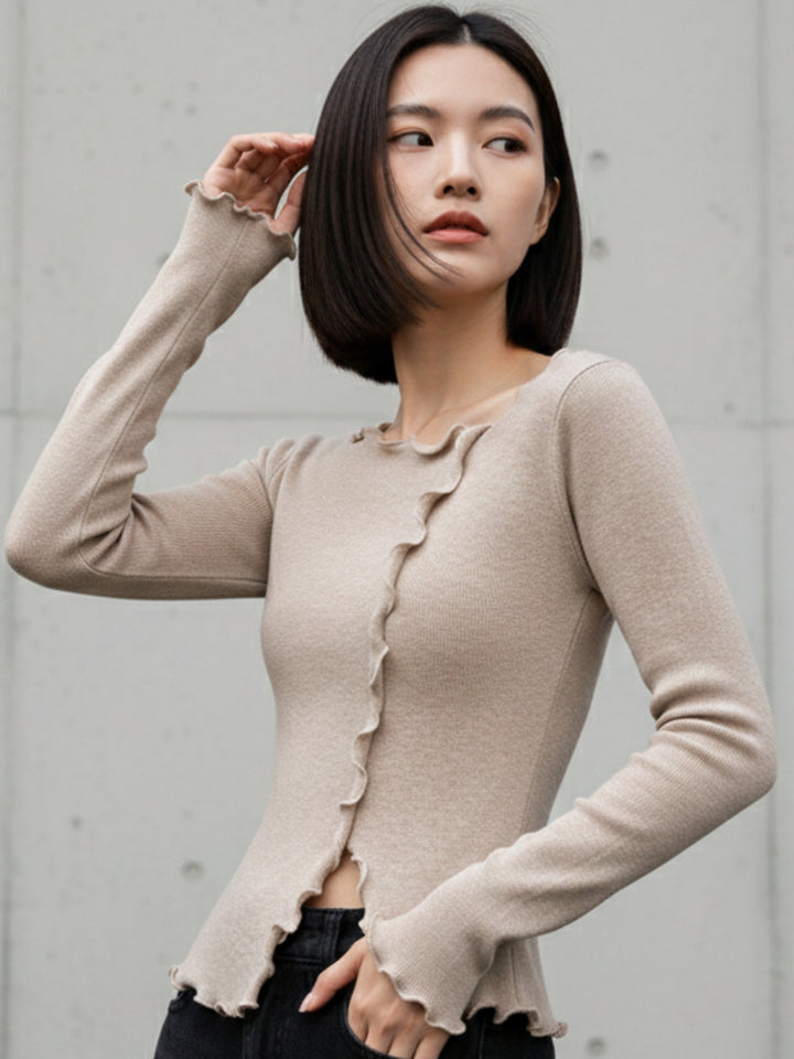 Taupe Full Sleeve Wavy Hem Top