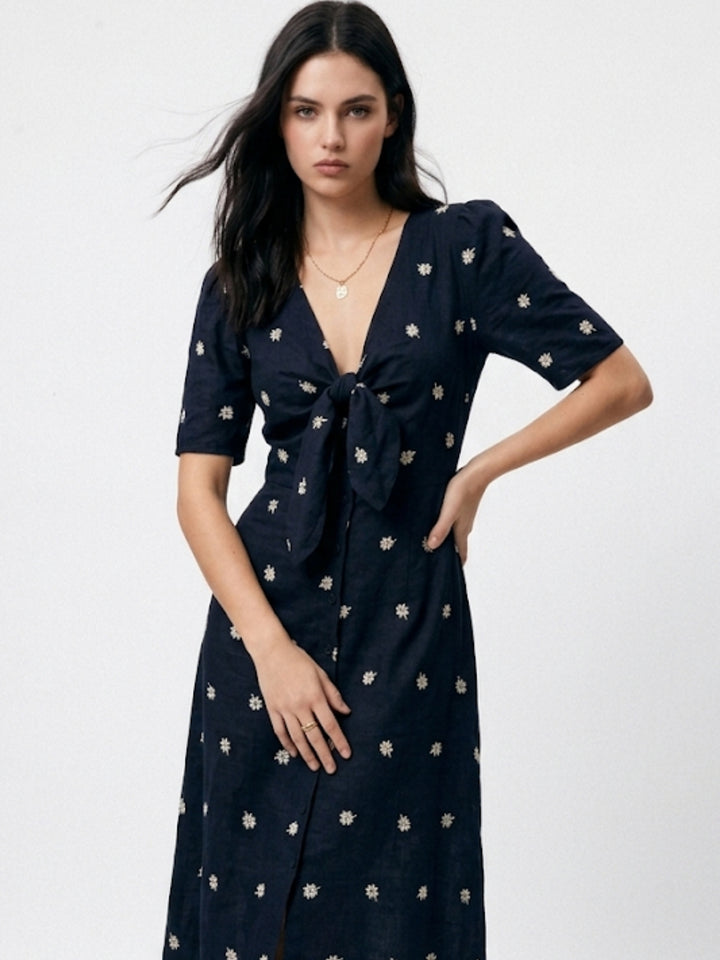 Navy Blue Short Sleeve Printed Slit Dress