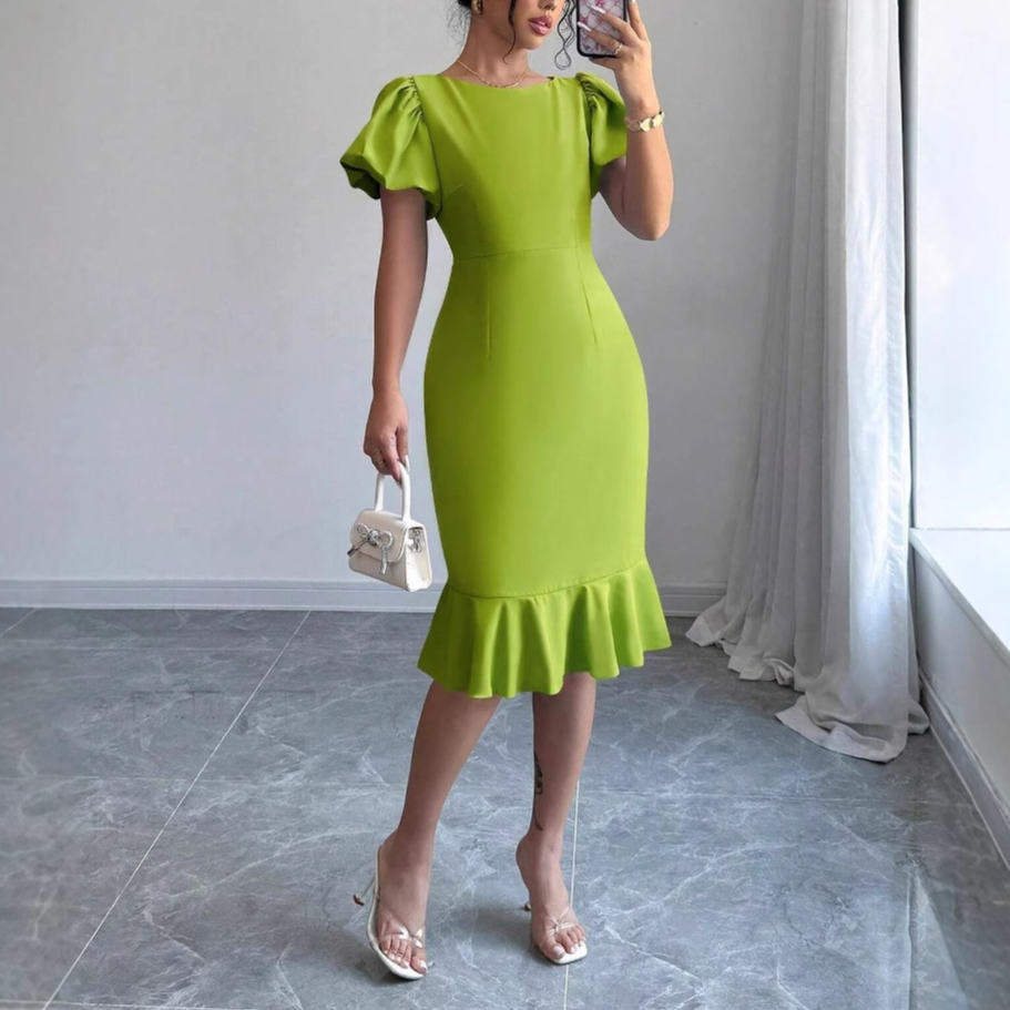 Lime Puff Sleeved Solid Dress