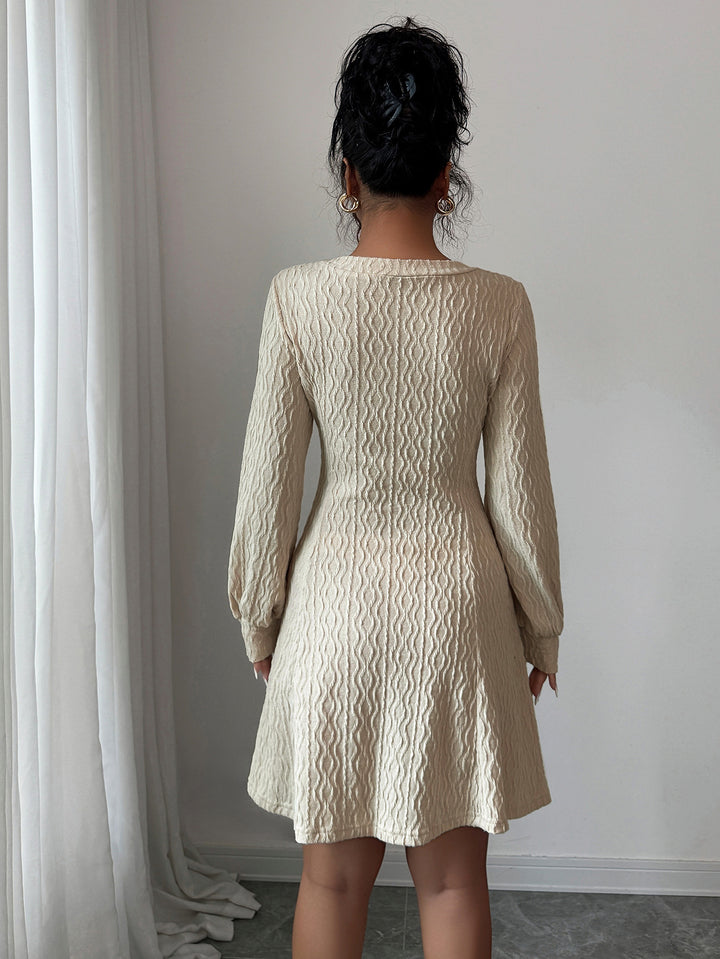 Beige Textured V Neck Mini Dress