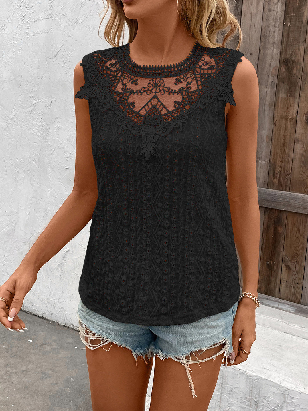 Black Textured Lace Inserts Top