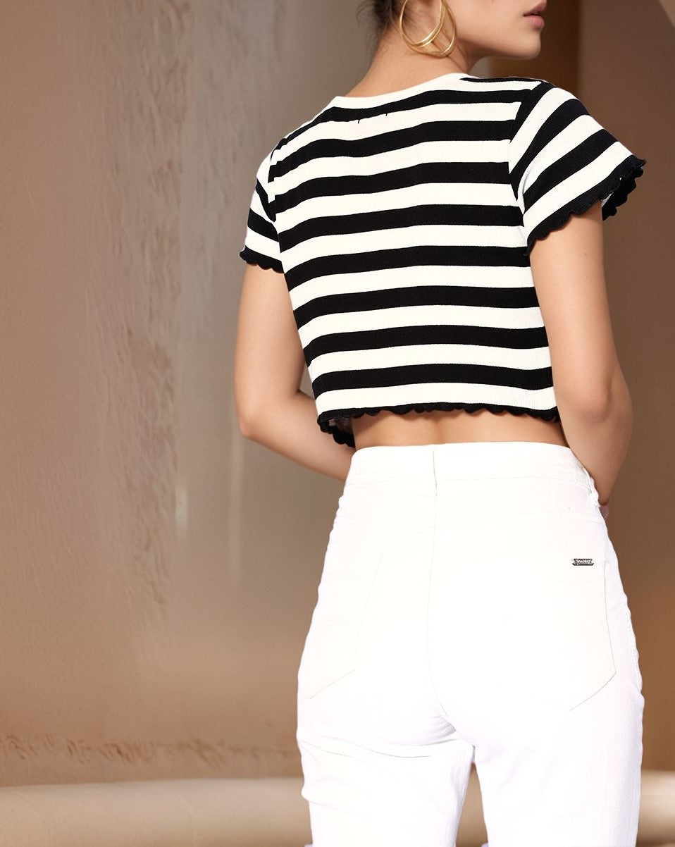 Black Short Sleeve V Neck Striped Top