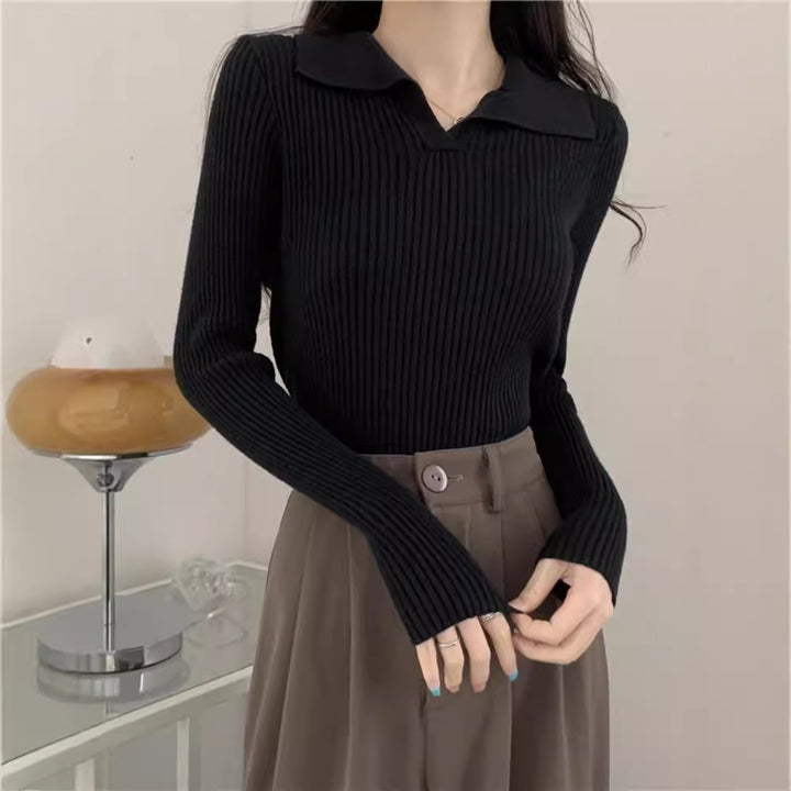 Black Collared Full Sleeve Knit Top