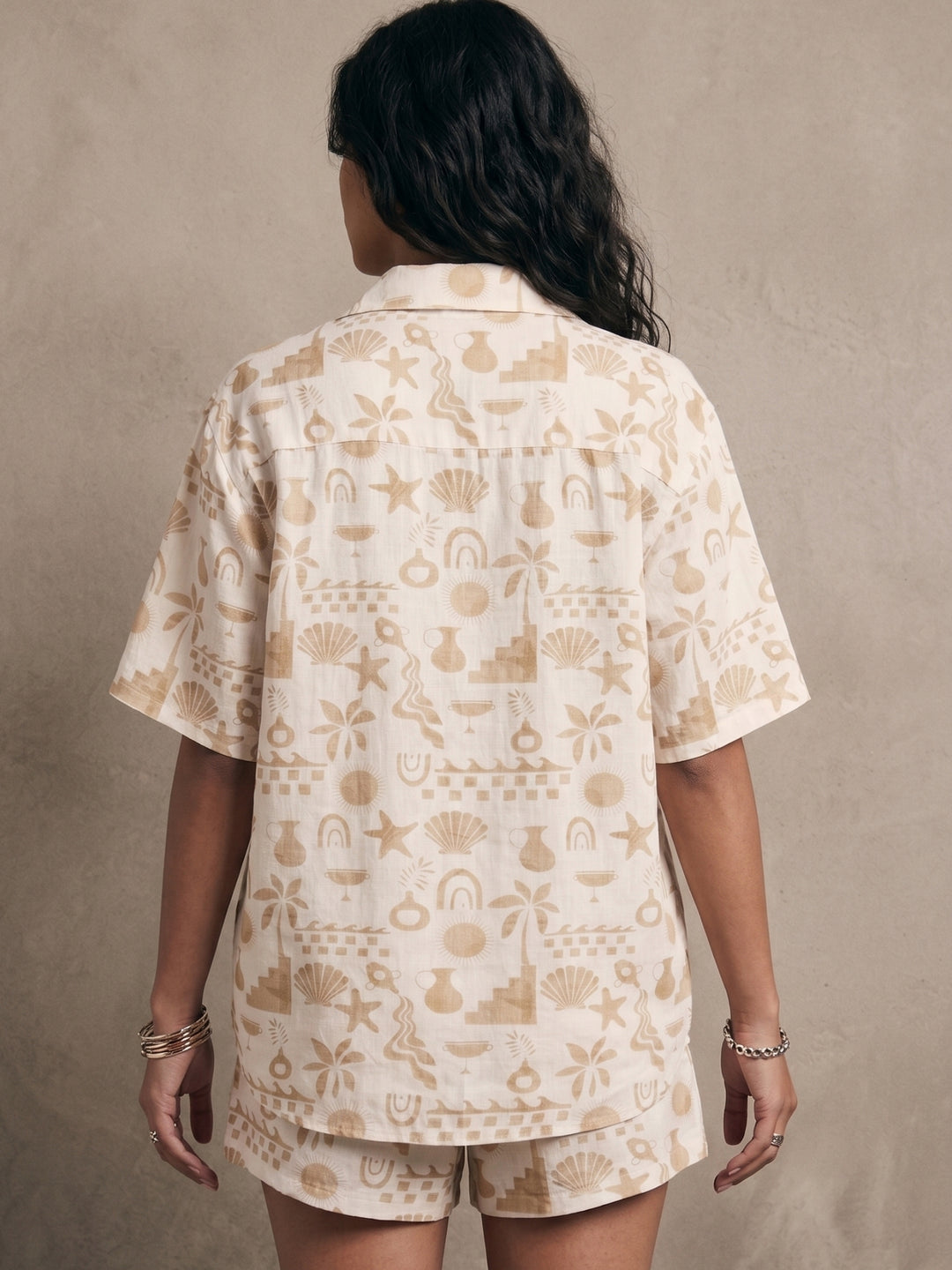 Beige Relaxed Printed Shirt And Shorts Co-Ord Set