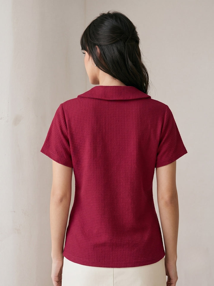 Magenta Waffles Textured Polo Button Down Top