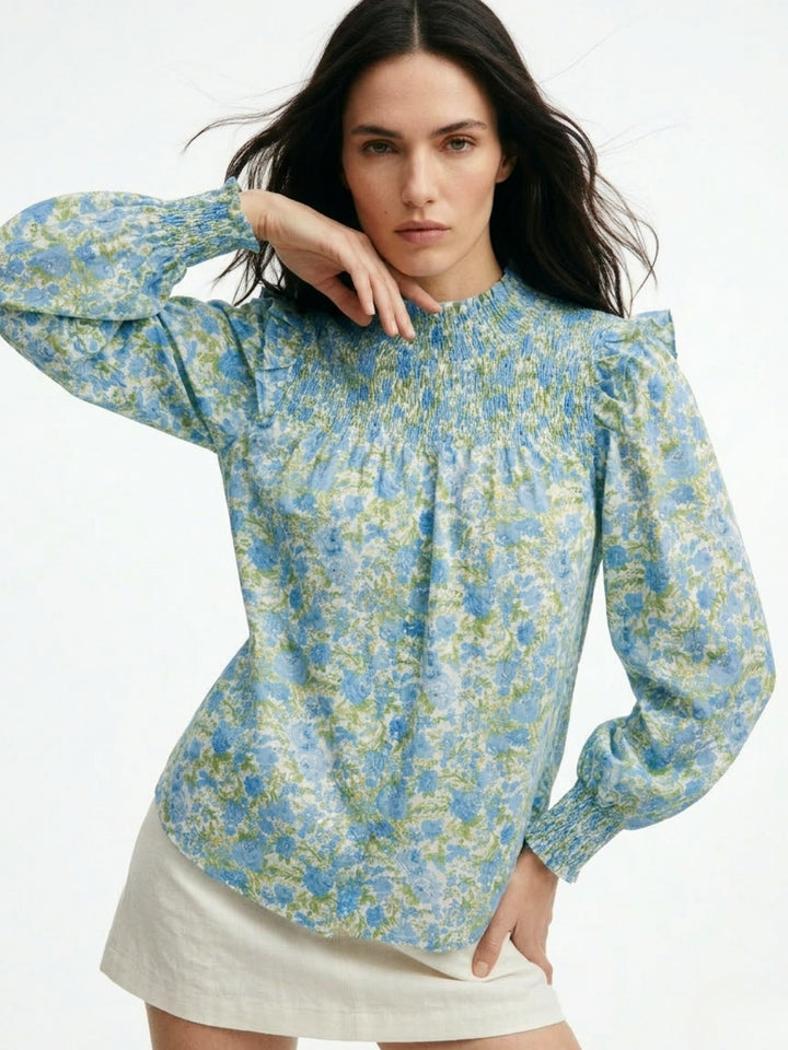Blue Mock Neck Floral Printed Top