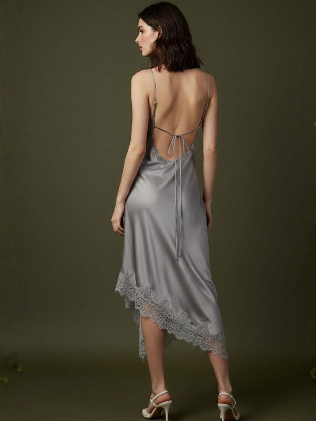 Grey Spaghetti Strap Lace Hem Dress