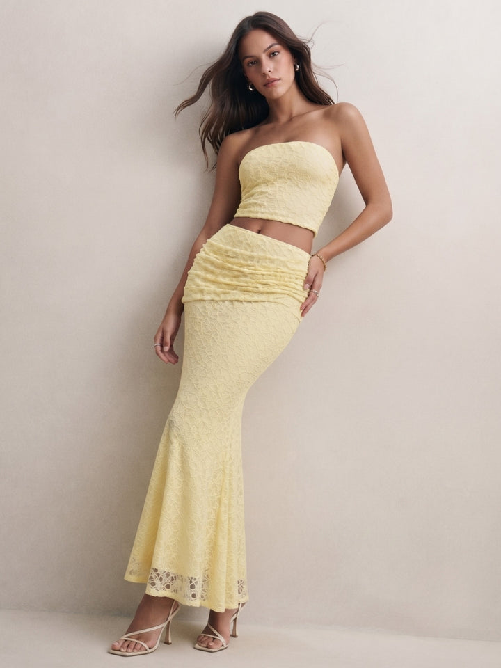 Yellow Tube Lace Top And Flared Lace Skirt