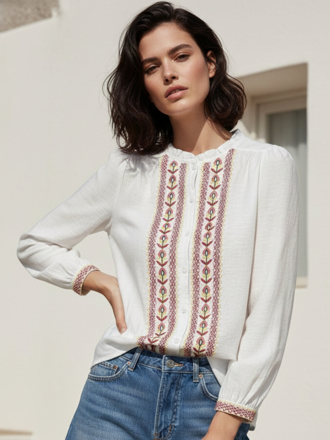 White Full Sleeve Front Buttoned Embroidered Top