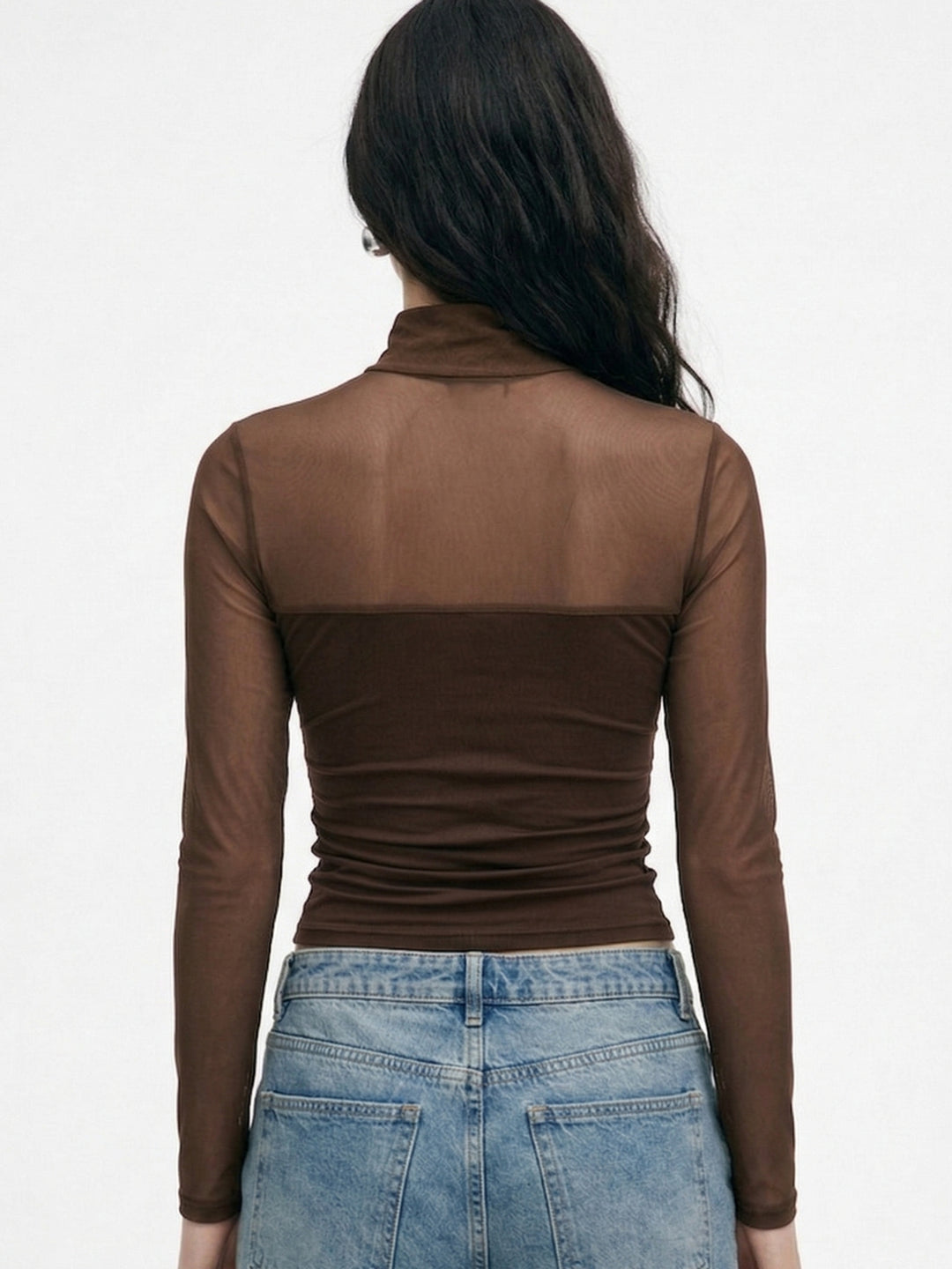 Brown Full Sleeve Mesh Top