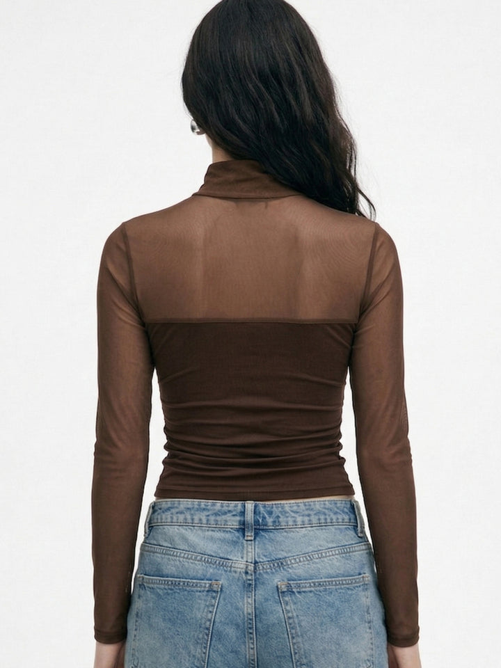 Brown Full Sleeve Mesh Top