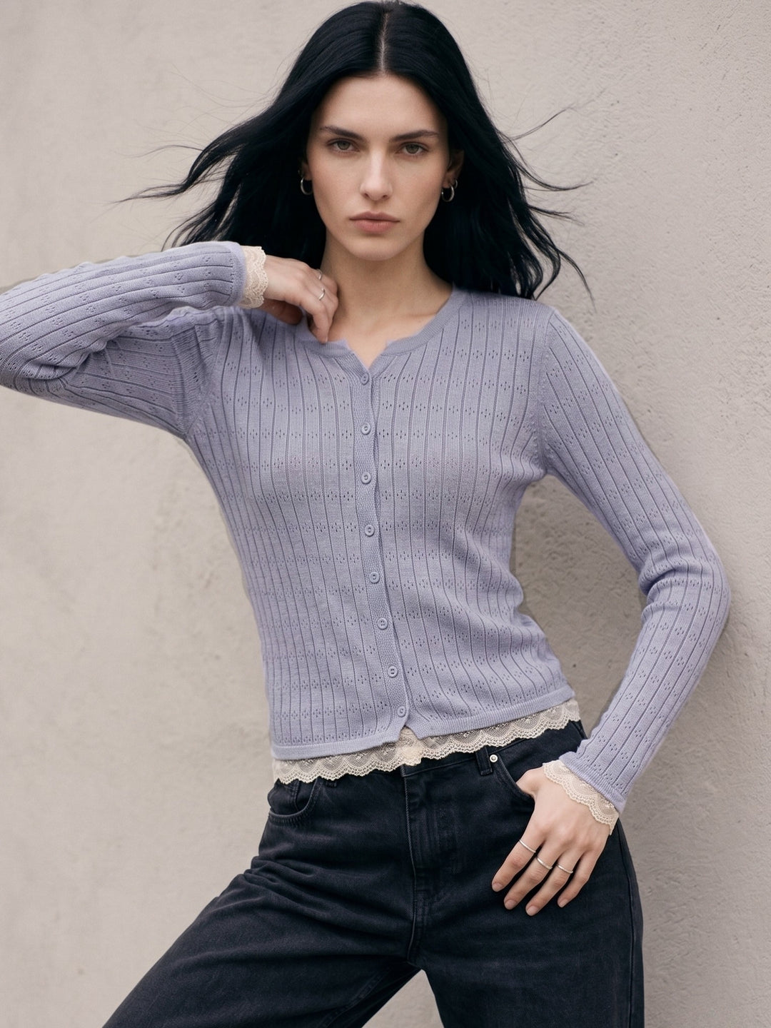 Blue Button Down Top With Lace Inserts At Hem And Sleeves