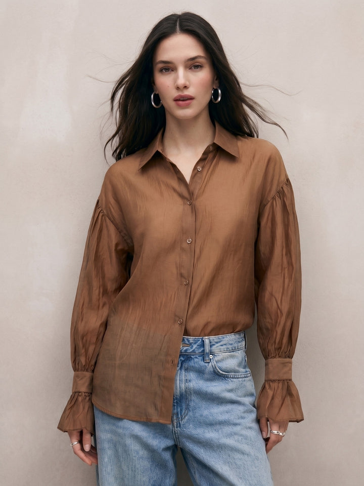 Taupe Flowy Shirt With Cupped Sleeves