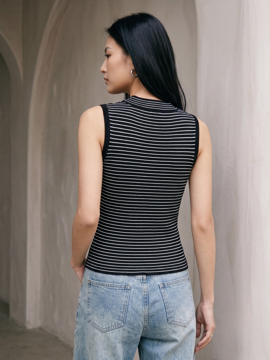 Grey High Neck Mock Buttoned Striped Tank